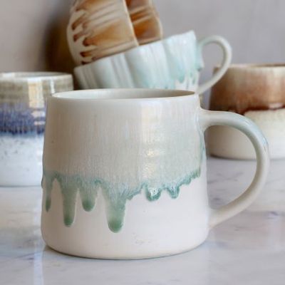 Mint Cream: Easy Morning Mug with soft seafoam drip glaze, creamy base and rounded handle.