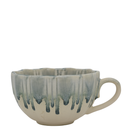Stormy Sage: Slow Morning Cup in Stormy Sage, featuring a cream ceramic base, deep blue-green dripping glaze, ribbed texture,