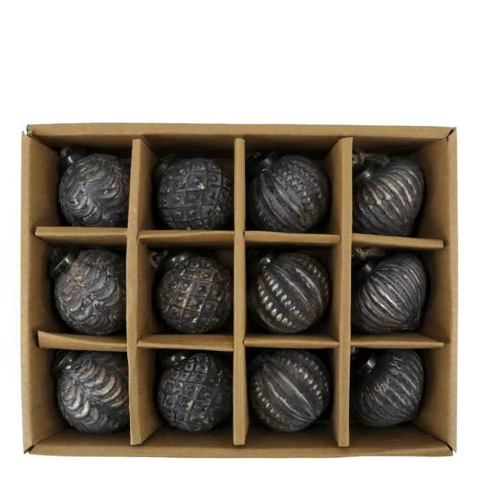 Boxed set of twelve dark mocca baubles with assorted embossed patterns and distressed antique-style metallic detailing.
