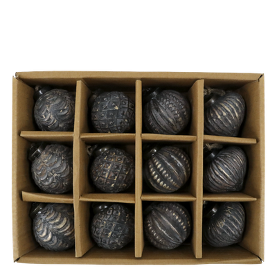 Mocca Heirloom Christmas Baubles – Set of Twelve Boxed set of twelve dark mocca baubles with assorted embossed patterns and distressed antique-style metallic detailing.