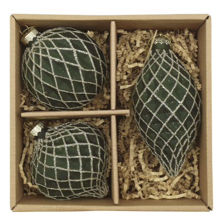 Boxed set of three dark green Christmas baubles in assorted shapes, decorated with a sparkling silver trellis pattern.