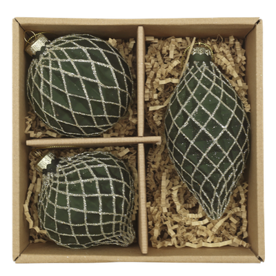 Winter Evergreen Trellis Christmas Baubles – Set of Three Boxed set of three dark green Christmas baubles in assorted shapes, decorated with a sparkling silver trellis pattern.