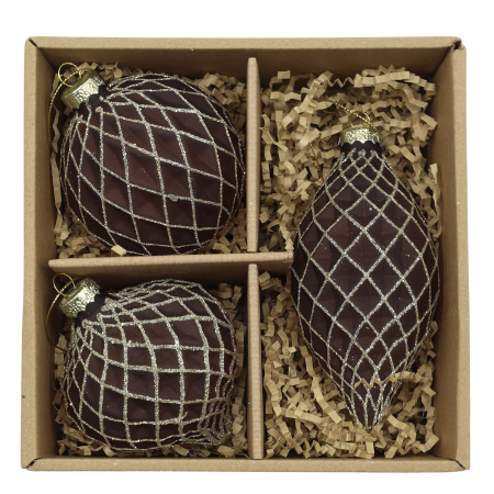 Boxed set of three mocca Christmas baubles in assorted shapes, decorated with a sparkling champagne trellis pattern.
