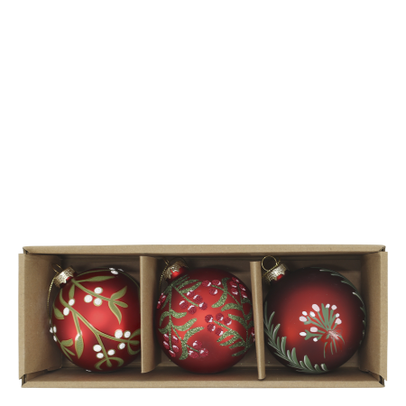 Boxed set of three red hand-painted Christmas baubles decorated with winter berries, foliage and a festive bird.