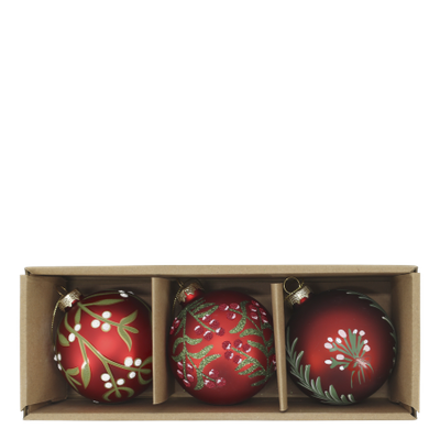 Winter Garden Hand-Painted Christmas Baubles – Set of Three Boxed set of three red hand-painted Christmas baubles decorated with winter berries, foliage and a festive bird.