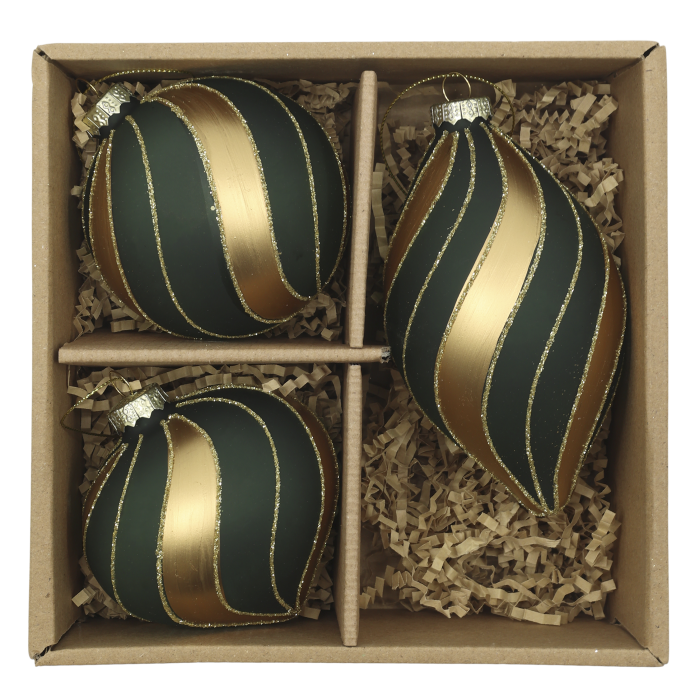 Gilded Evergreen Swirl Christmas Baubles – Set of Three Boxed set of three dark green Christmas baubles in assorted shapes, decorated with sweeping gold and glitter swirls.