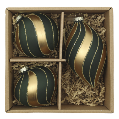 Gilded Evergreen Swirl Christmas Baubles – Set of Three Boxed set of three dark green Christmas baubles in assorted shapes, decorated with sweeping gold and glitter swirls.
