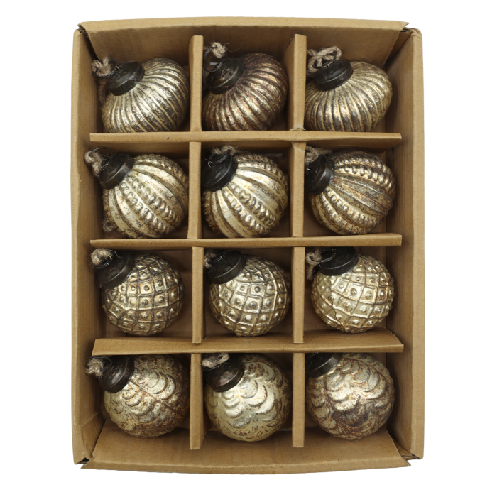 Boxed set of twelve burnished champagne Christmas baubles with four embossed designs and rustic hanging loops.
