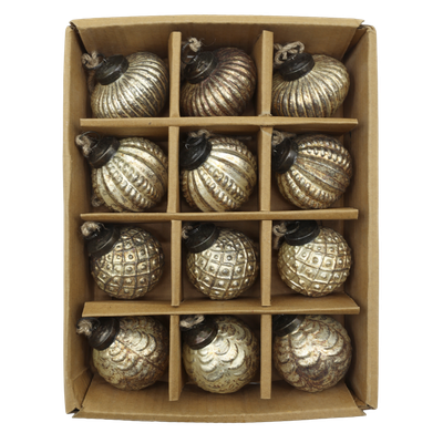 Burnished Champagne Heirloom Christmas Baubles – Set of Twelve Boxed set of twelve burnished champagne Christmas baubles with four embossed designs and rustic hanging loops.