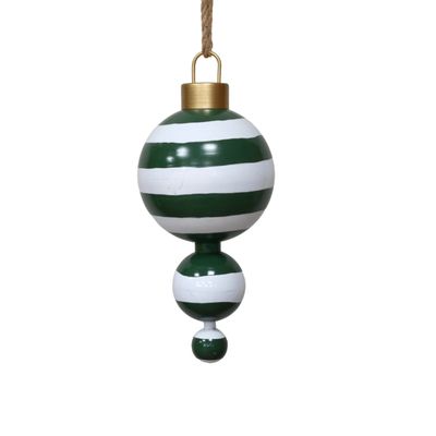 Hanging Christmas decoration with three graduated green and white striped spheres, a gold-toned cap and rustic loop.