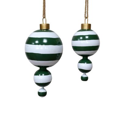 Green Stripe Ceiling / Room Christmas Decoration (set of four) Hanging Christmas decoration with three graduated green and white striped spheres, a gold-toned cap and rustic loop.