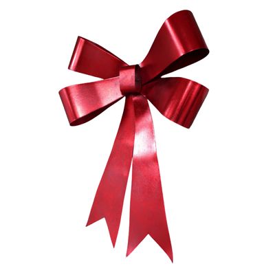 Grand Scarlet Christmas Bow Wall Decoration - Set of Four Large sculptural scarlet Christmas bow with a metallic sheen and long ribbon tails, displayed on a brick wall.