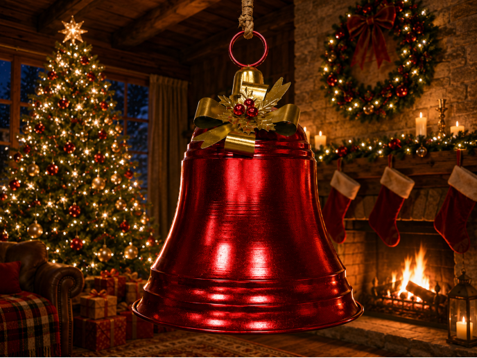 Large shiny scarlet Christmas bell with a gold bow, festive leaves and red berries, suspended from a rustic cord.
