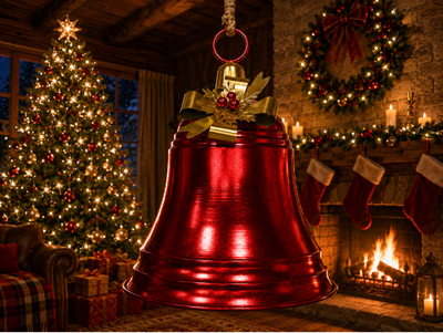 Large shiny scarlet Christmas bell with a gold bow, festive leaves and red berries, suspended from a rustic cord.
