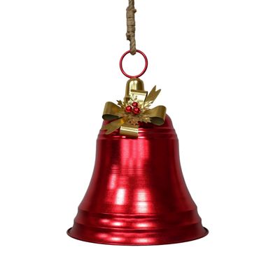 Grand Scarlet Christmas Bell Hanging Decoration - Pair Large shiny scarlet Christmas bell with a gold bow, festive leaves and red berries, suspended from a rustic cord.