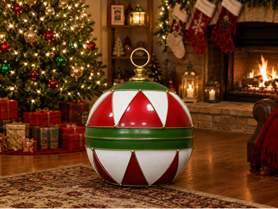 Oversized carousel-style Christmas bauble in red, white and green, finished with gold-toned edging and a large top ring.