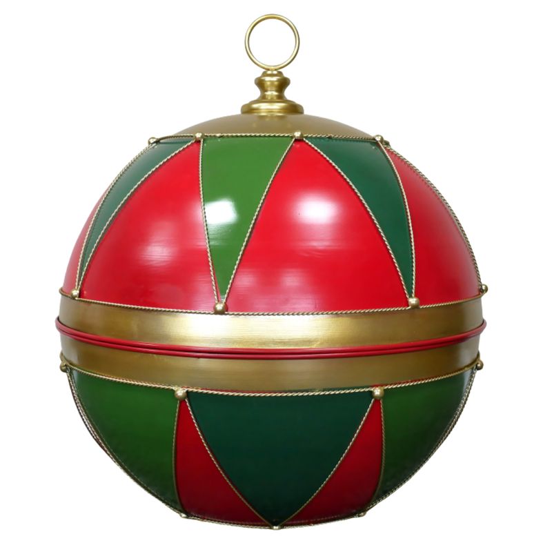 Oversized red and green harlequin Christmas display bauble with gold-toned edging, a broad centre band and top ring.