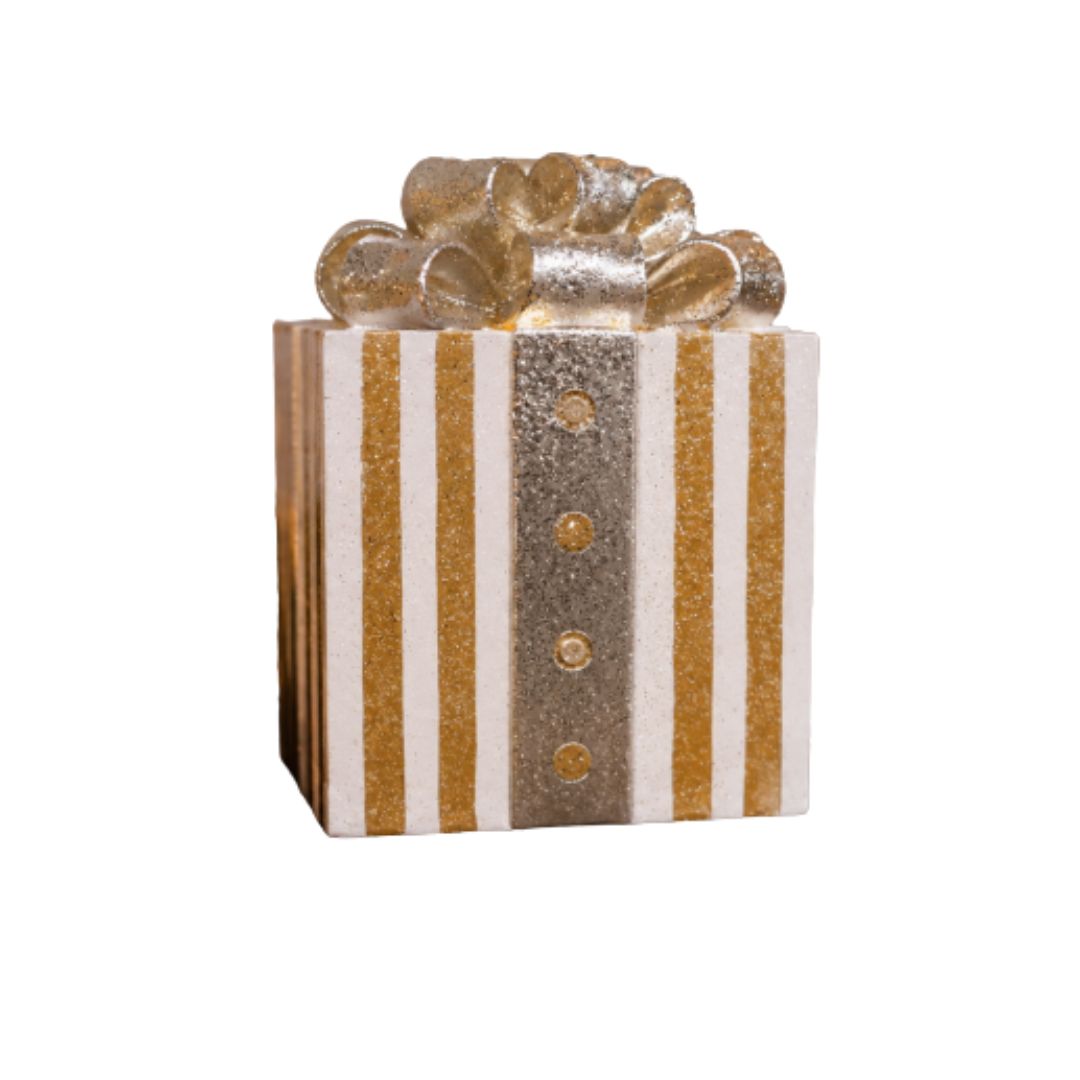 Golden Bow Light-Up Christmas Present Decoration (Set of Four) Light-up Christmas present decoration with gold and white stripes, a silver ribbon and a large glittering bow.