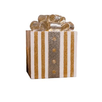 Golden Bow Light-Up Christmas Present Decoration (Set of Four) Light-up Christmas present decoration with gold and white stripes, a silver ribbon and a large glittering bow.