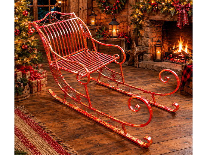 Giant red metal Christmas sleigh with sweeping runners, ornate scrollwork and snowflake details, displayed on grass.