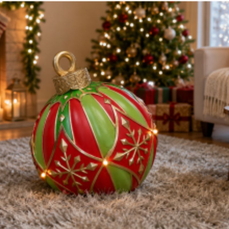 Oversized red and green Christmas display bauble with gold snowflakes and warm lights, arranged beside a festive tree.