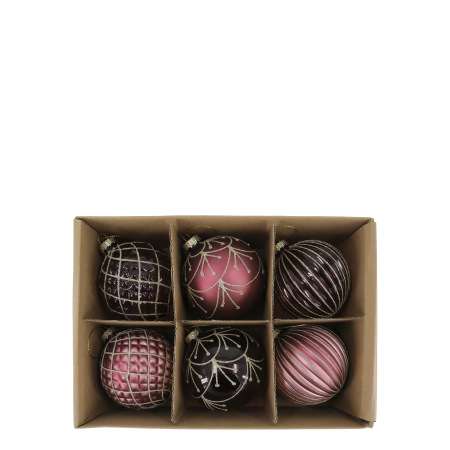 Six rose pink and mulberry Christmas baubles with assorted striped, quilted and botanical metallic patterns.
