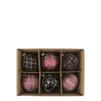 Winter Rose and Mulberry Christmas Baubles – Set of Six Six rose pink and mulberry Christmas baubles with assorted striped, quilted and botanical metallic patterns.
