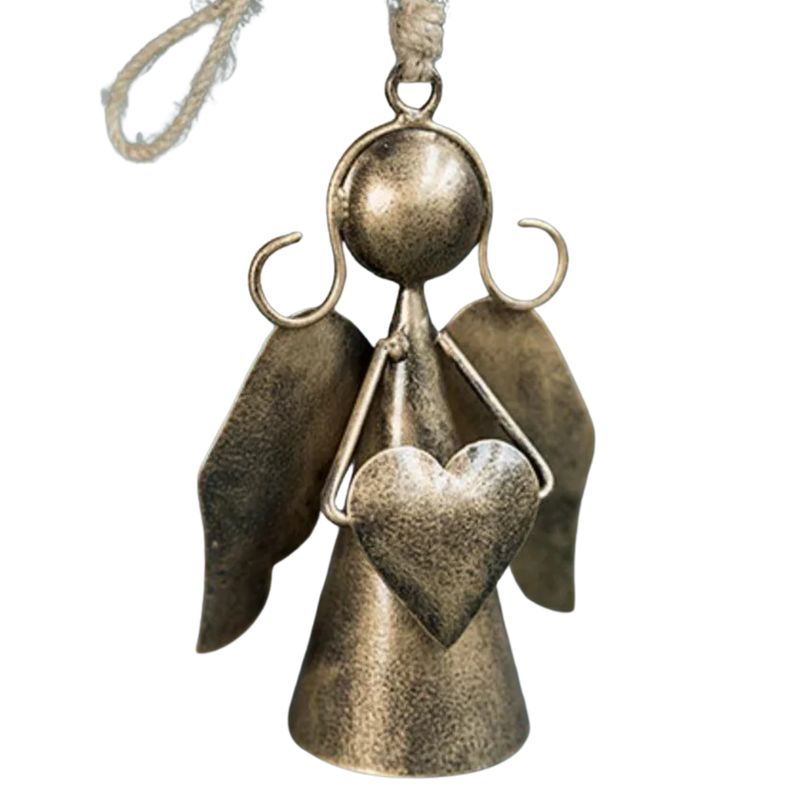 Three bronze-toned recycled iron angel decorations with outstretched wings, holding a heart, bird or star.