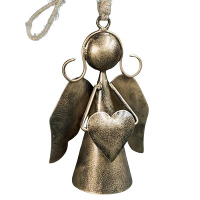 Burnished Brass Angel Bell Decorations – Set of Three Three bronze-toned recycled iron angel decorations with outstretched wings, holding a heart, bird or star.