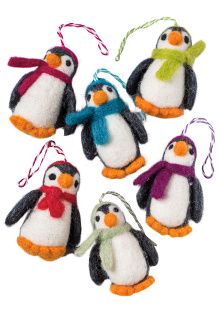 Wrapped-Up Felt Penguin Decorations – Set of Six Six handmade felt penguin decorations wearing colourful scarves, shown together to illustrate the available colour choices.
