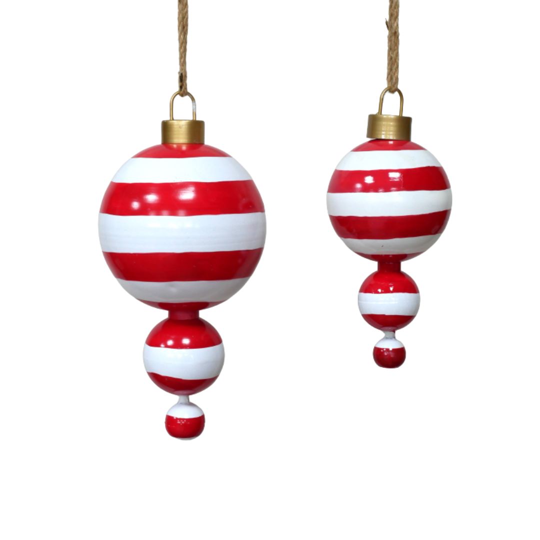Red Stripe Ceiling / Room Christmas Decoration (set of four) Hanging Christmas decoration with three graduated red and white striped spheres, a gold-toned cap and rustic loop.