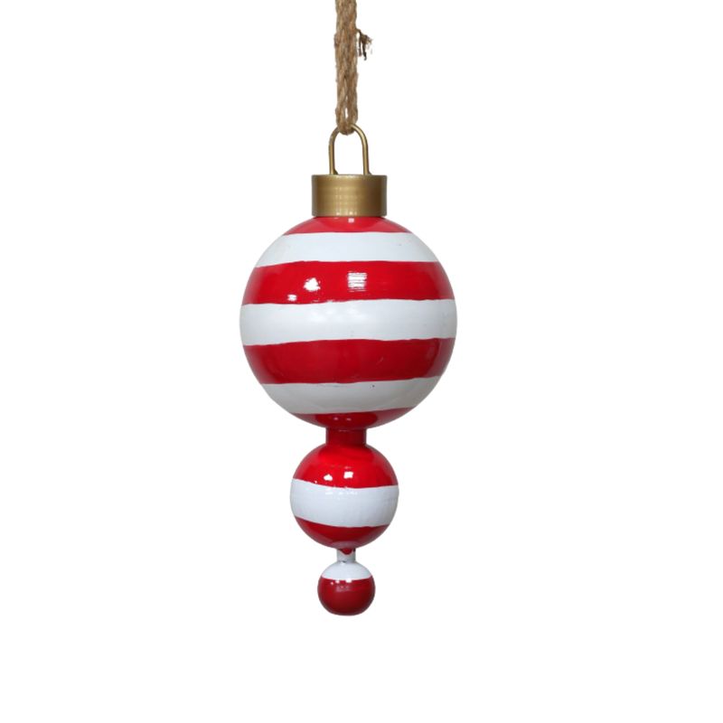 Hanging Christmas decoration with three graduated red and white striped spheres, a gold-toned cap and rustic loop.