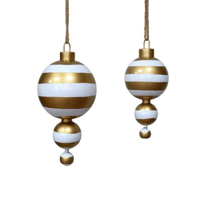 Gold Stripe Ceiling / Room Christmas Decoration (set of four) Hanging Christmas decoration with three graduated gold and white striped spheres, a gold-toned cap and rustic loop.