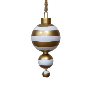 Hanging Christmas decoration with three graduated gold and white striped spheres, a gold-toned cap and rustic loop.