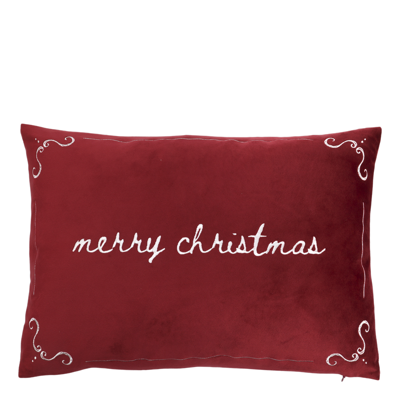 Scarlet rectangular cushion embroidered with ‘Merry Christmas’ in cream script and decorative scrolls in each corner.
