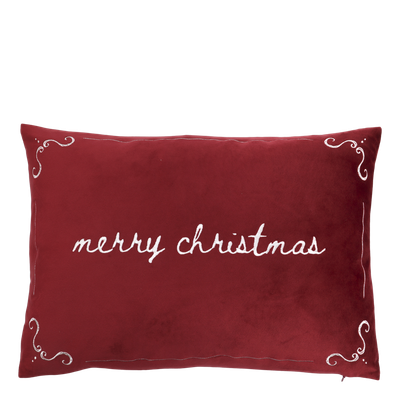 Merry Christmas Script Cushion Scarlet rectangular cushion embroidered with ‘Merry Christmas’ in cream script and decorative scrolls in each corner.