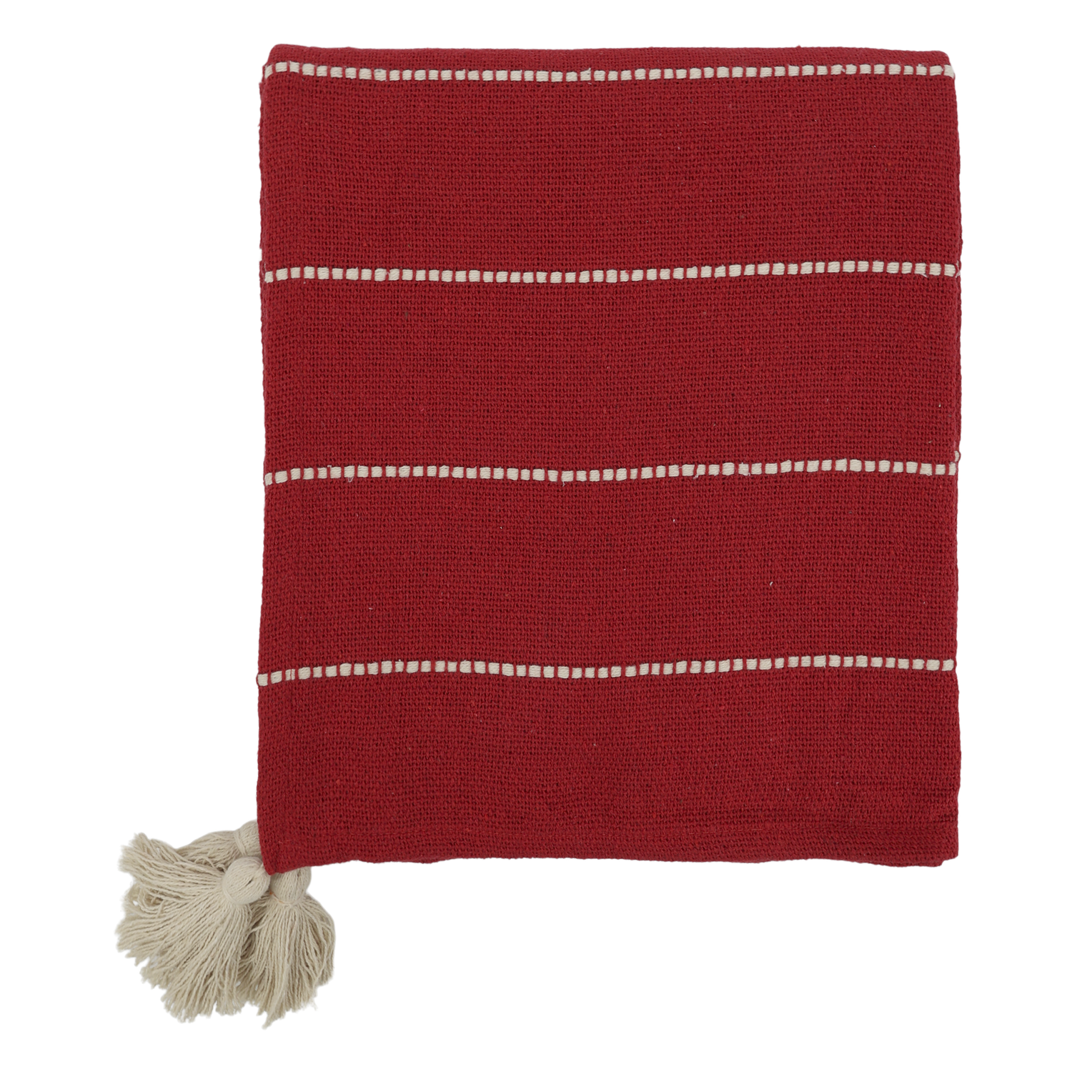 Deep scarlet woven throw with raised ivory stripes and large cream tassels at the corners.
