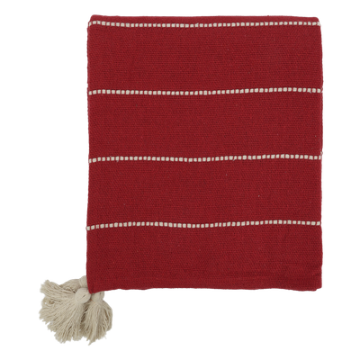 Scarlet Stitched Stripe Tasselled Throw Deep scarlet woven throw with raised ivory stripes and large cream tassels at the corners.