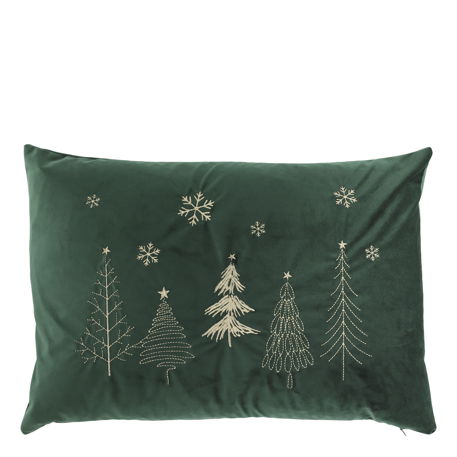 Deep green rectangular cushion embroidered with cream Christmas trees and scattered snowflakes.

