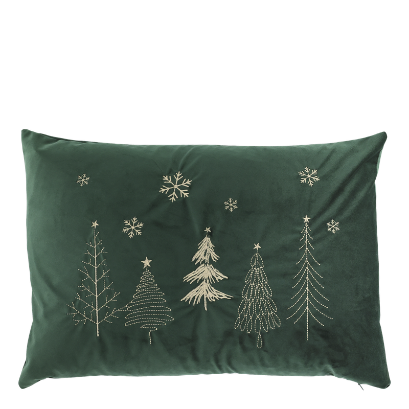 Deep green rectangular cushion embroidered with cream Christmas trees and scattered snowflakes.
