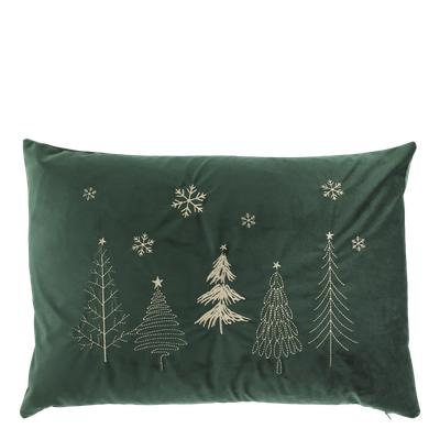 Winter Forest Embroidered Cushion Deep green rectangular cushion embroidered with cream Christmas trees and scattered snowflakes.