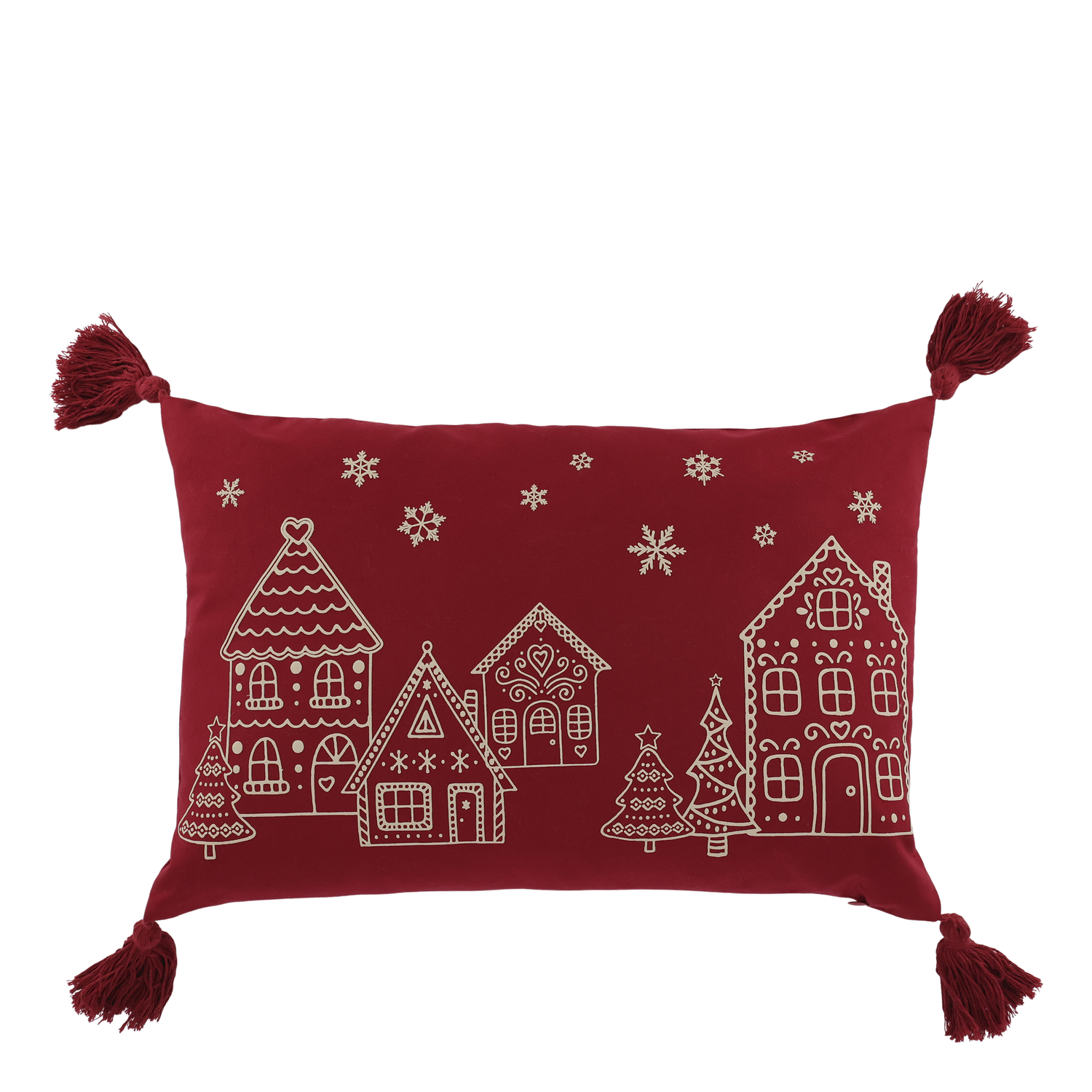 Gingerbread Village Tasselled Christmas Cushion Scarlet rectangular cushion with a cream gingerbread village, Christmas trees, snowflakes and tassels at each corner.