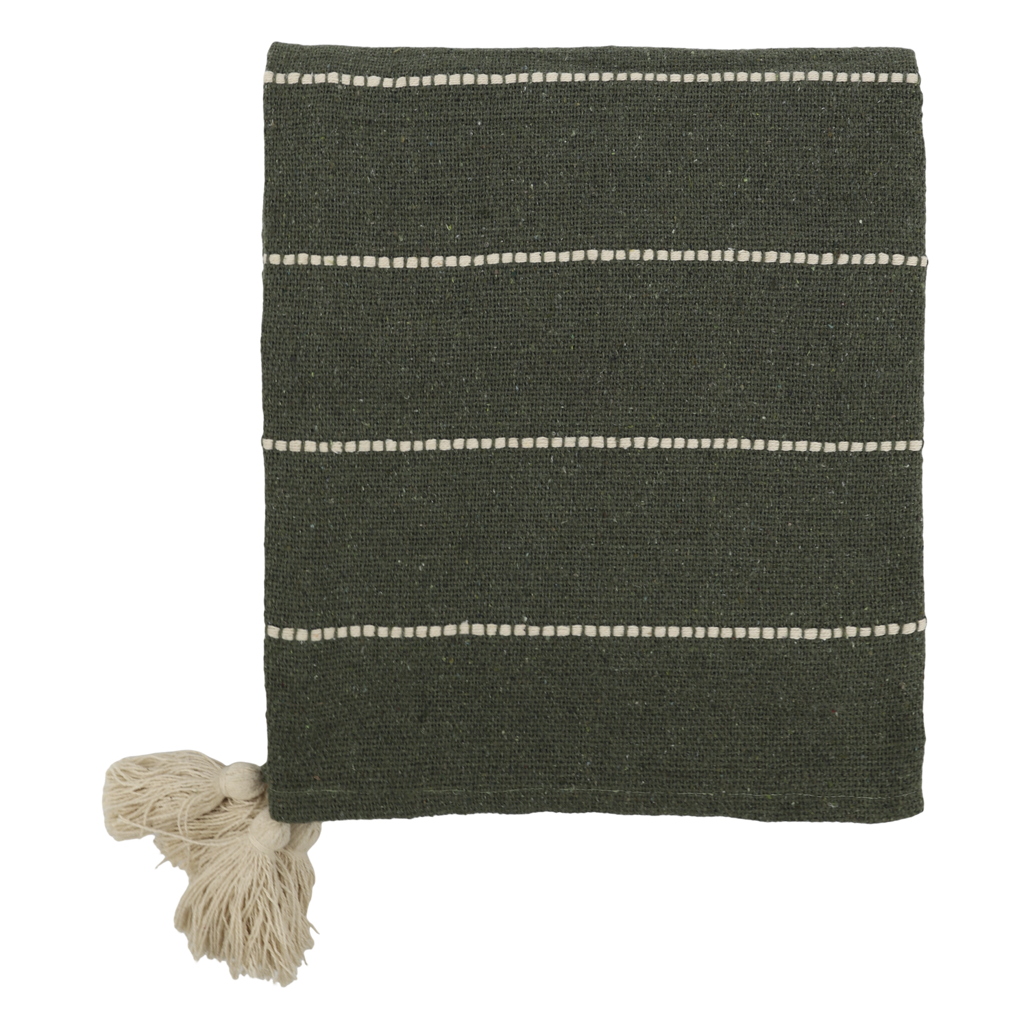 Deep evergreen woven throw with raised ivory stripes and large cream tassels at the corners.
