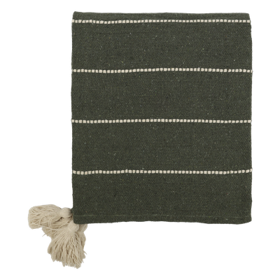 Evergreen Stitched Stripe Tasselled Throw Deep evergreen woven throw with raised ivory stripes and large cream tassels at the corners.