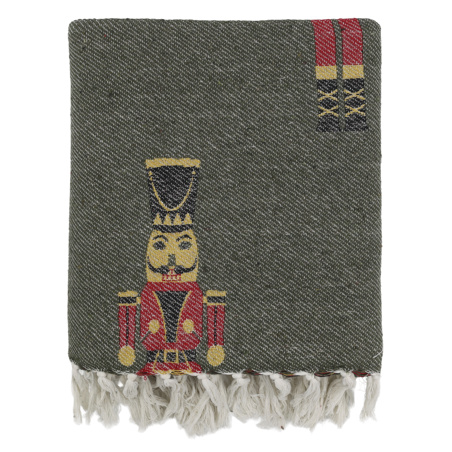 Forest-green woven Christmas throw with red nutcracker guards and an ivory knotted fringe.

