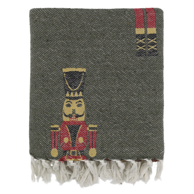 Nutcracker Parade Woven Christmas Throw Forest-green woven Christmas throw with red nutcracker guards and an ivory knotted fringe.