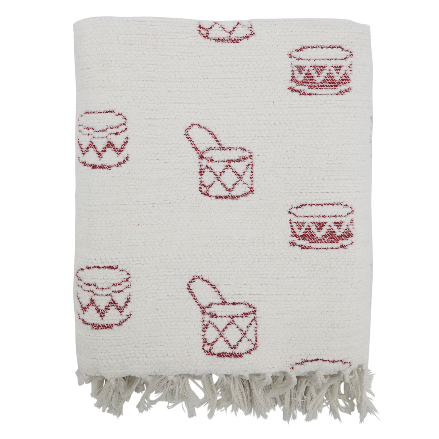 Textured ivory Christmas throw patterned with small red toy drums and finished with a soft fringed edge.
