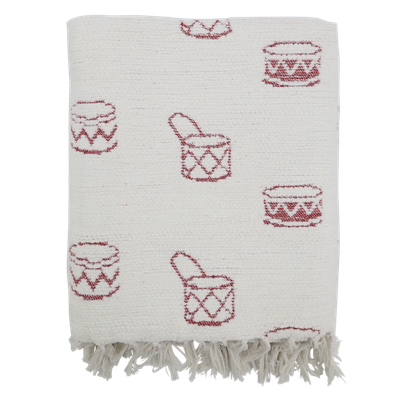 Little Drummer Woven Christmas Throw Textured ivory Christmas throw patterned with small red toy drums and finished with a soft fringed edge.