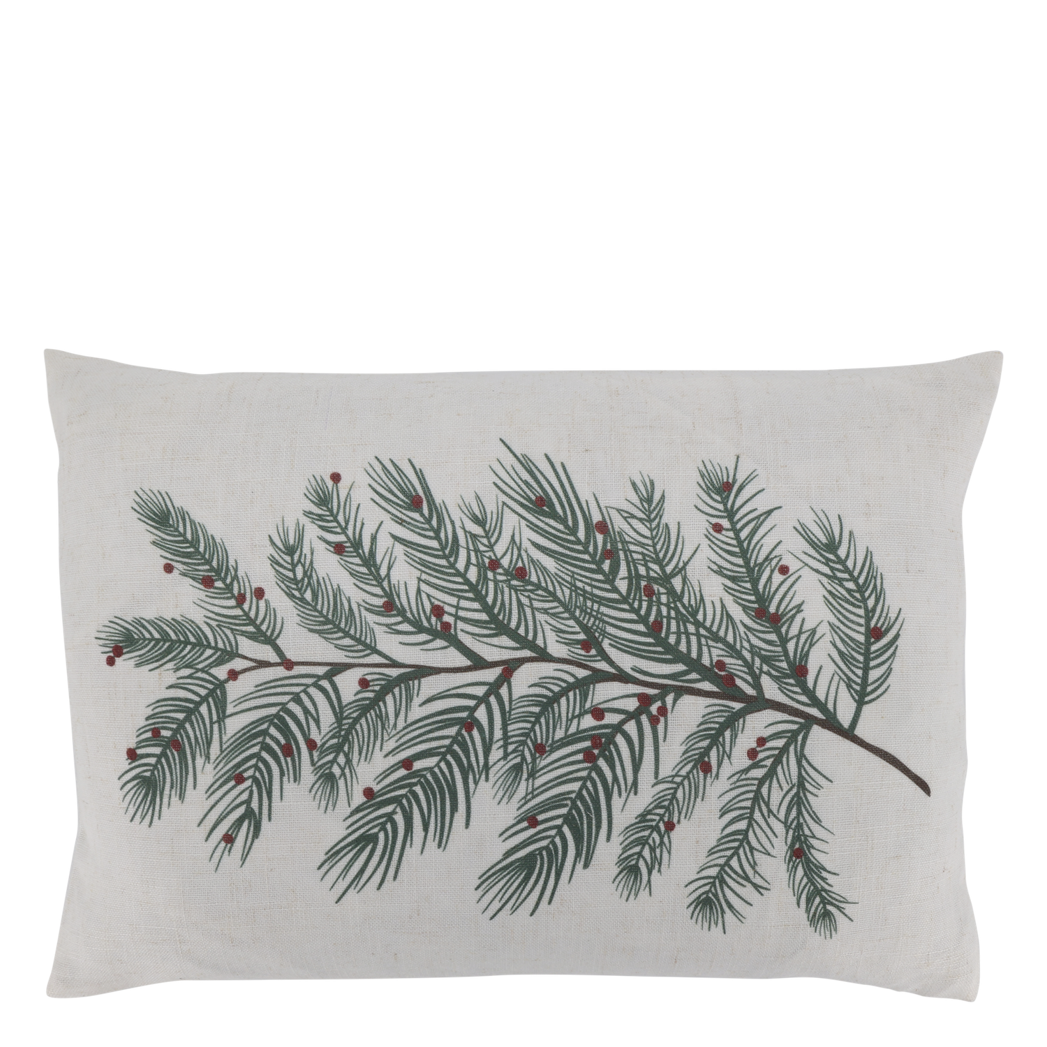Natural rectangular cushion printed with a sweeping dark green evergreen branch and scattered red winter berries.
