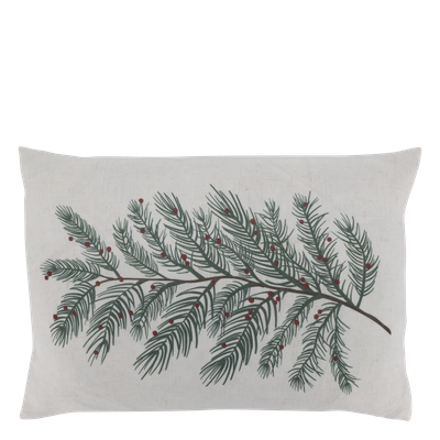 Winter Evergreen Cushion Natural rectangular cushion printed with a sweeping dark green evergreen branch and scattered red winter berries.